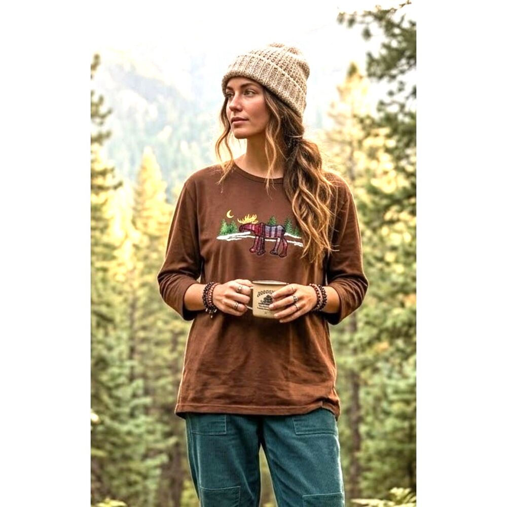 Vintage Mandal Bay Brown Embroidered Moose Top M Lodge Gorpcore Nature Cozy